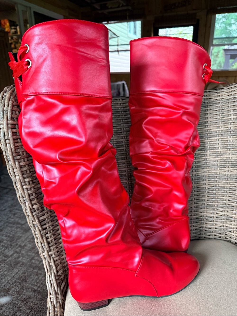 Glossy Red Over-the-Knee Boots — Sleek Pull-On Style Halloween Costume